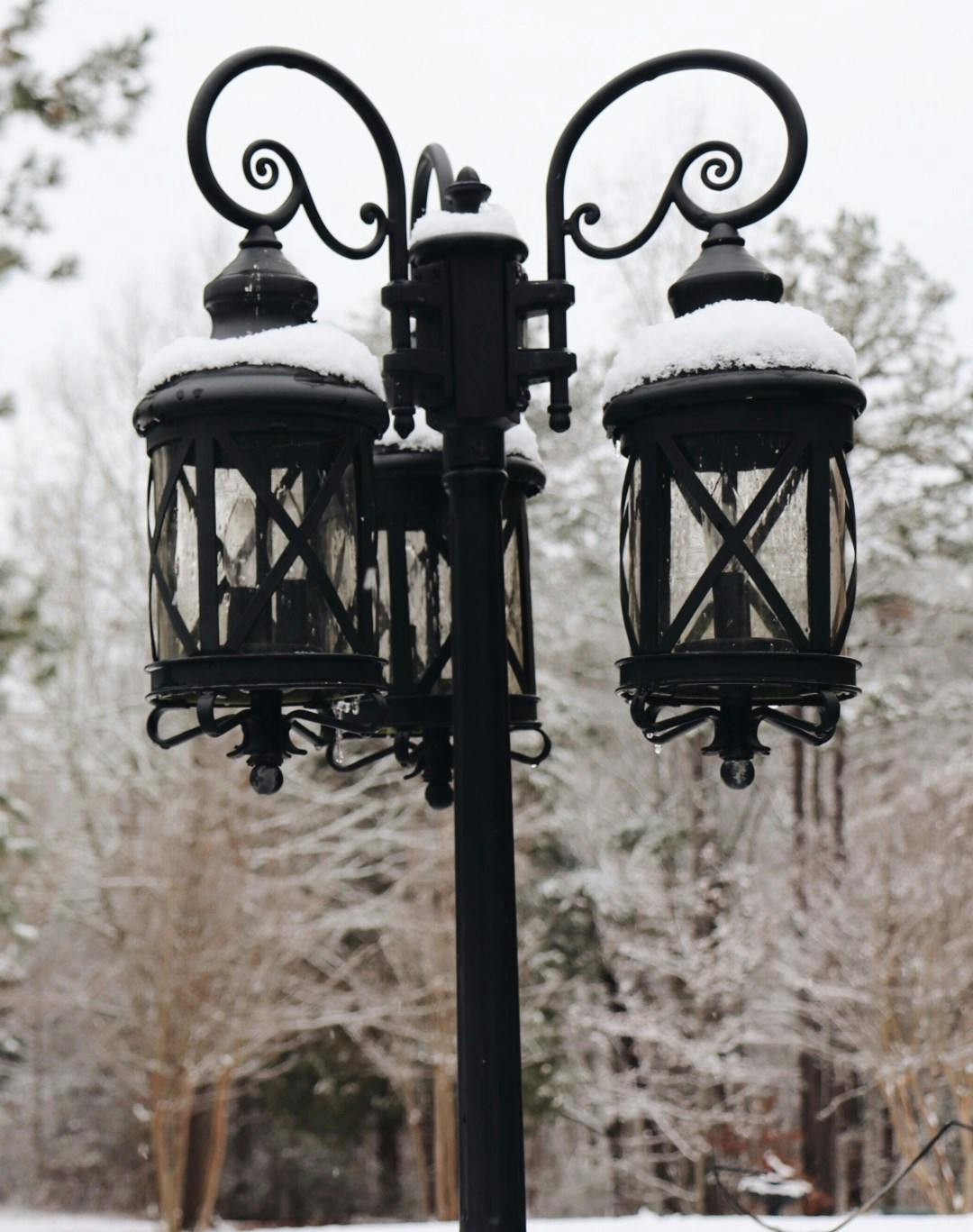 A snow covered light post