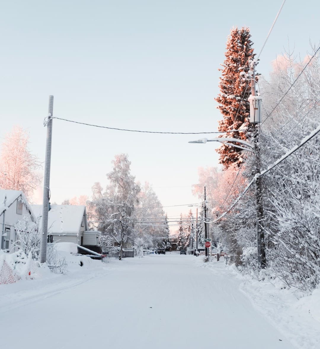 A snow-covered road in Fairbanks Alaska