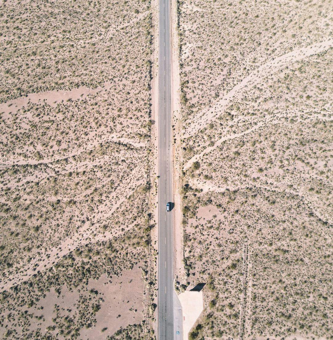 An Aerial view of a desert road