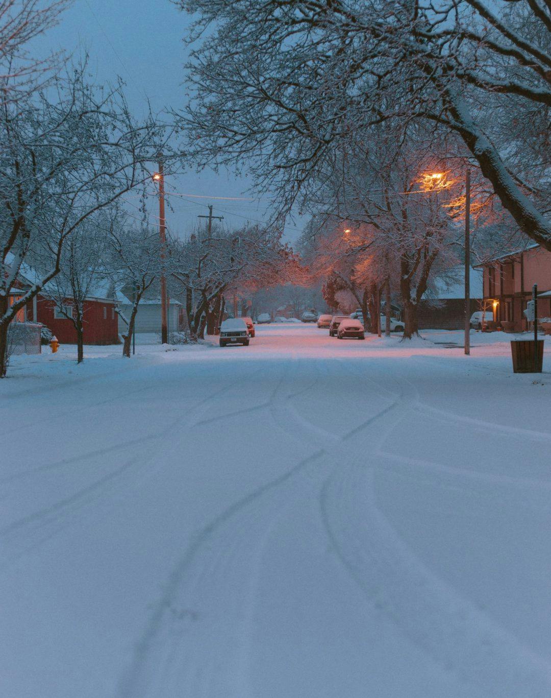 A snowy street in Missoula
