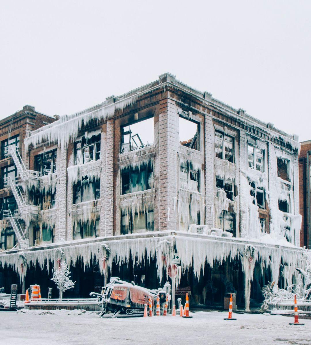 A Omaha building completely covered in ice and snow